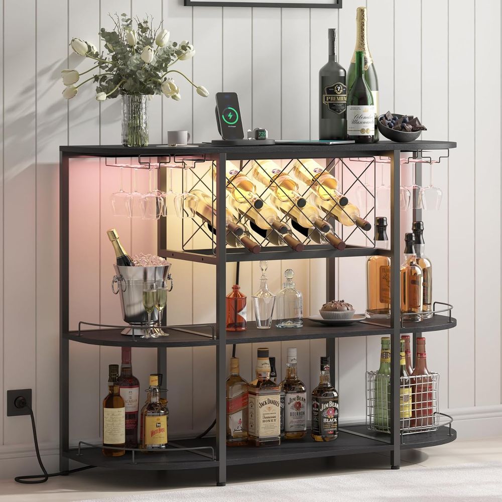 Wine & Beer Hydrometer - Zwarte 3-laags salontafel met wijnrek, stopcontact